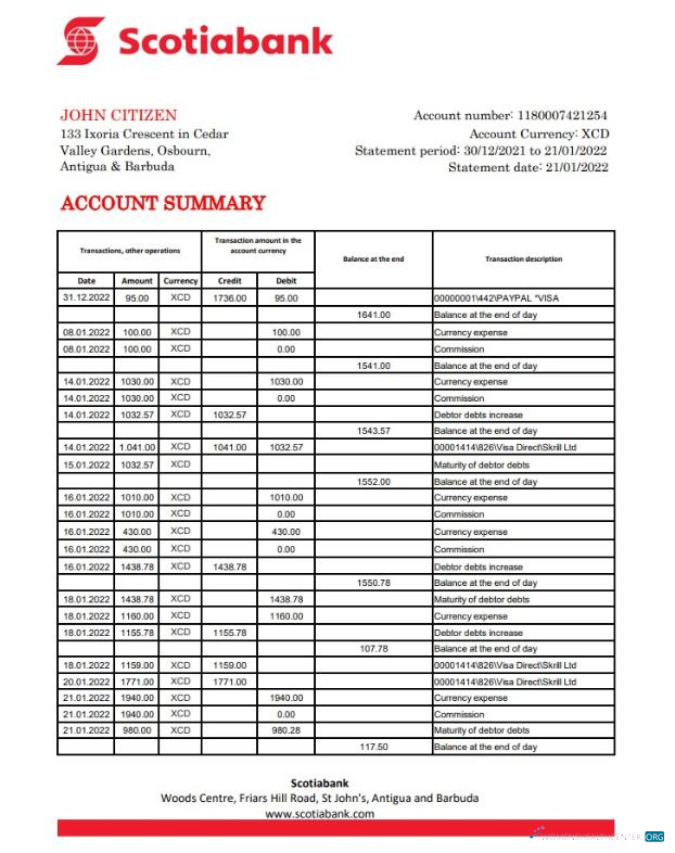 Download Antigua and Barbuda Scotiabank bank statement excel Photoshop template